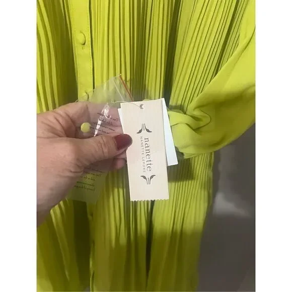 Nanette Lepore Women’s Size 14 Long Sleeve Pleated Button Up Dress Green - Picture 13 of 16